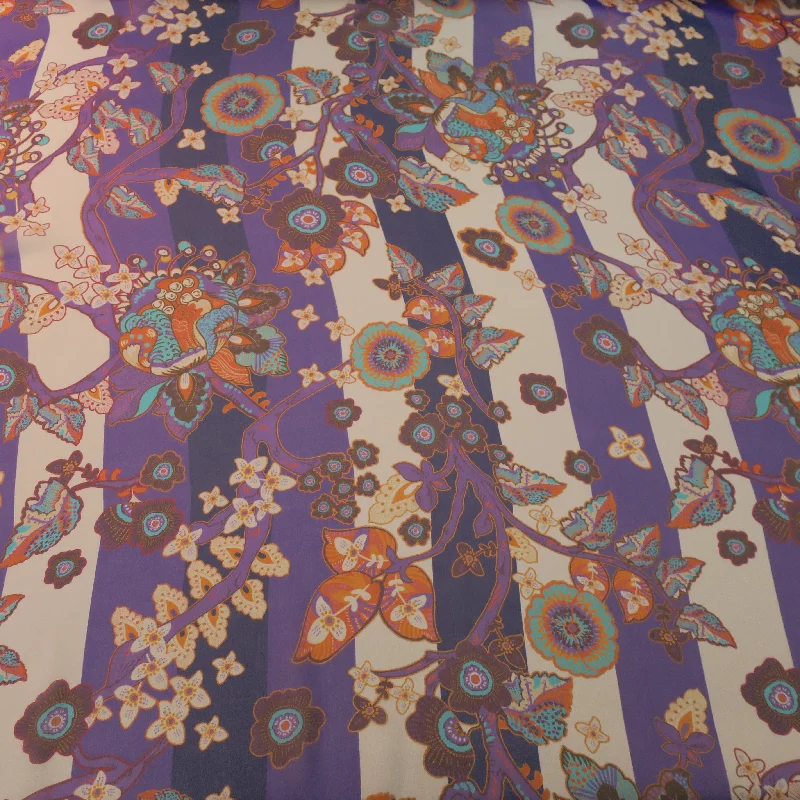 Don't Wait Purple and Cream Stripes and Floral Printed Silk Chiffon Fabric