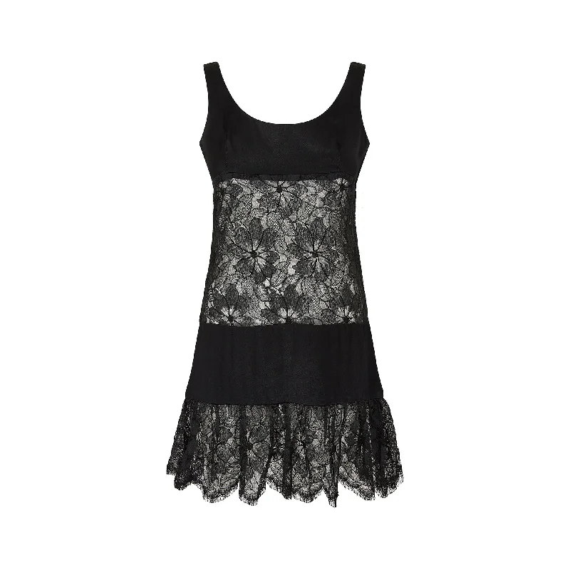 Final Sale 1960s Gerald McCann Black Satin and Floral Lace Cutout Dress
