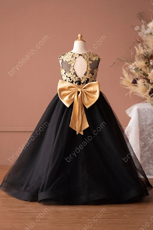 Price Smash Black Flower Girl Dress with Gold Bowknot