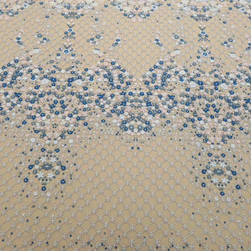Fantastic Offers Silver Tulle with Silver Light Blue and Aqua Floral Embroidered Fabric