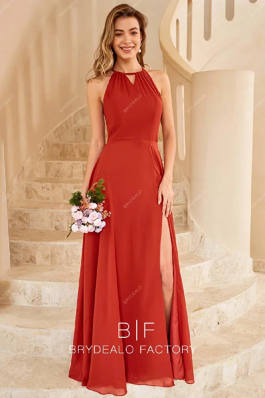 Crazy Savings Red Keyhole Neck Chiffon Cutout Back Slit A-line Bridesmaid Dress