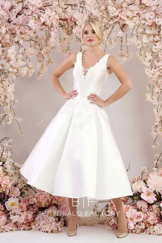 Shop and Save Plunging Sleeveless Designer Satin Tea Length Vintage Bridal Dress