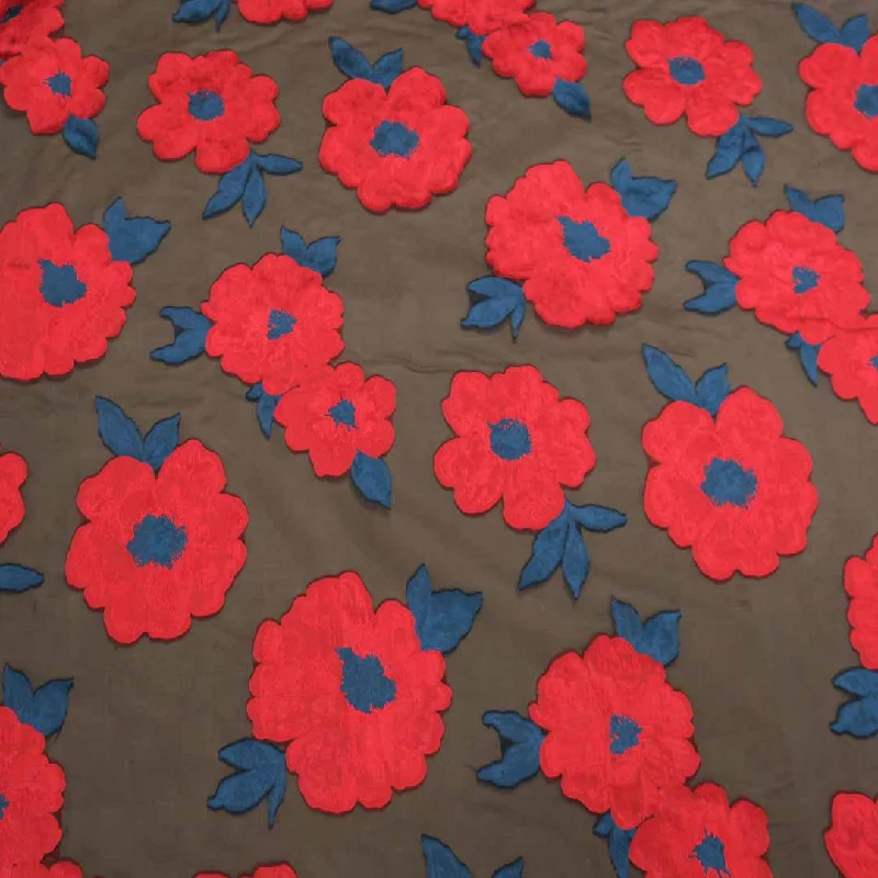 Exclusive Offers Red and Teal Floral on Black Background Textured Embroidered Organza Fabric