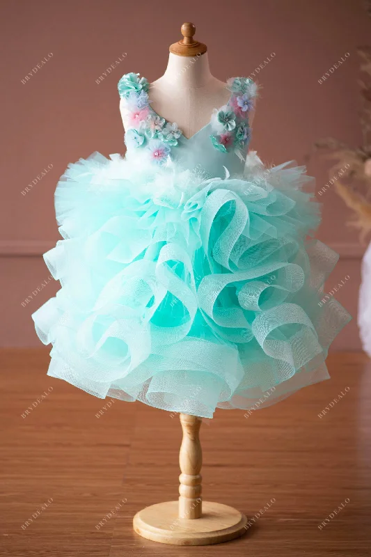 Flash Deals Ready To Ship | Green Flower Ruffled Tulle Short Kids Birthday Gown