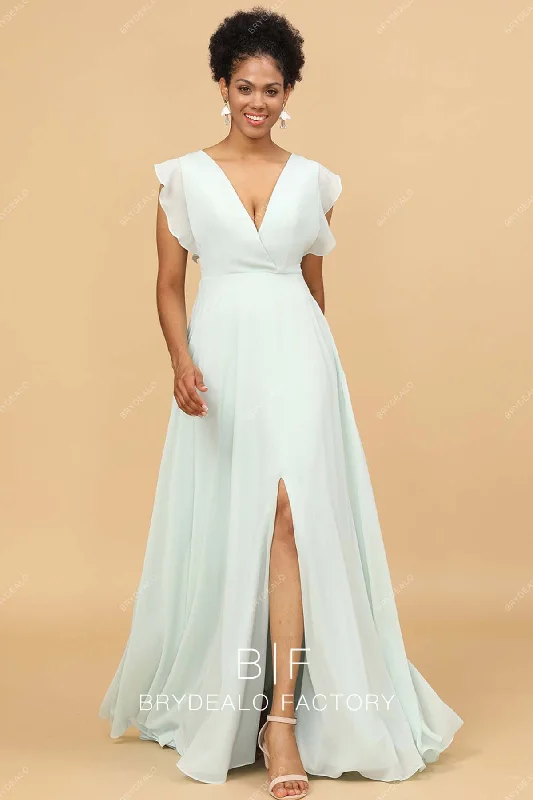 Mega Deal Mint Flutter Sleeves Plunging Neck Slit Chiffon Bridesmaid Dress