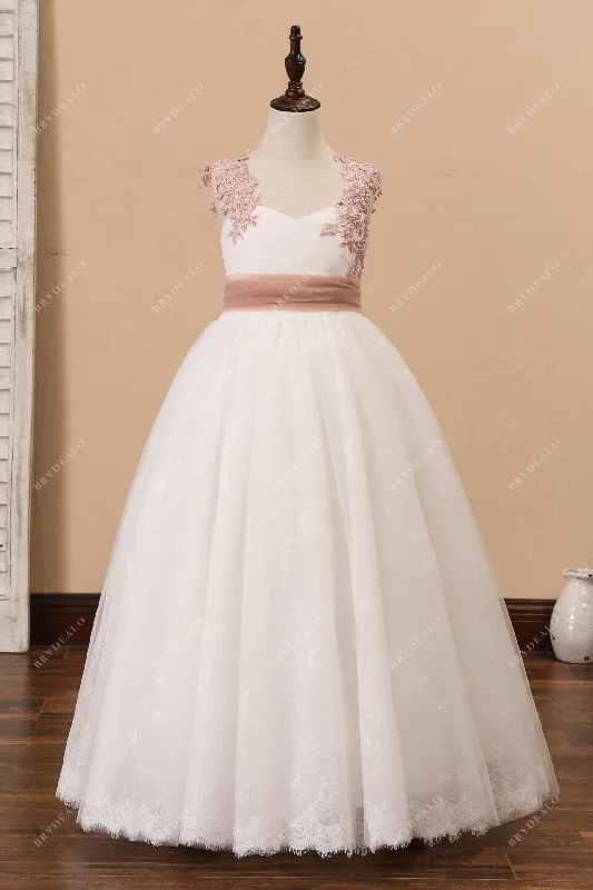 Markdowns Vintage Mauve Lace Cap Sleeved Ivory Flower Girl Dress