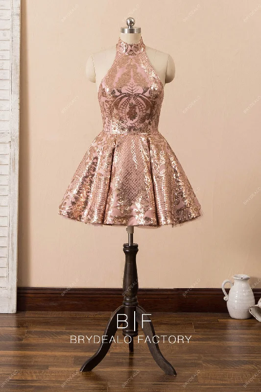 Bargain Prices Rose Gold Sequined Halter Neck Cocktail Dress