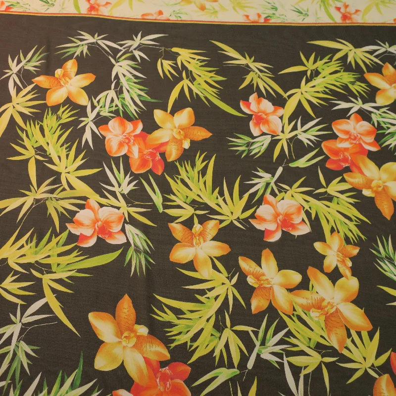 Stock Up and Save Green Orange Floral with a Black Background Printed Silk Chiffon Fabric