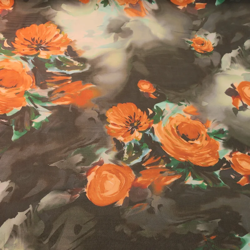 Price Rollback Orange and Green Floral with a Gray Background Printed Silk Chiffon Fabric Price Rollback Orange and Green Floral with a Gray Background Printed Silk Chiffon Fabric