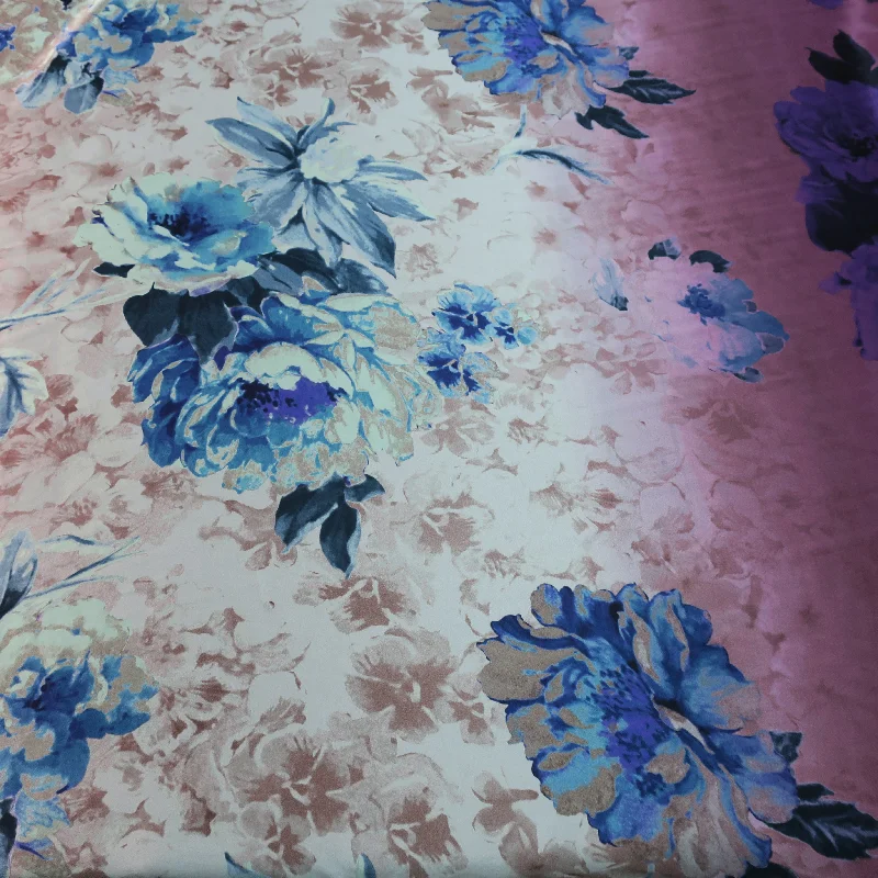 Savings Event Blue and Blue Floral on Ombre Ground Silk Charmeuse