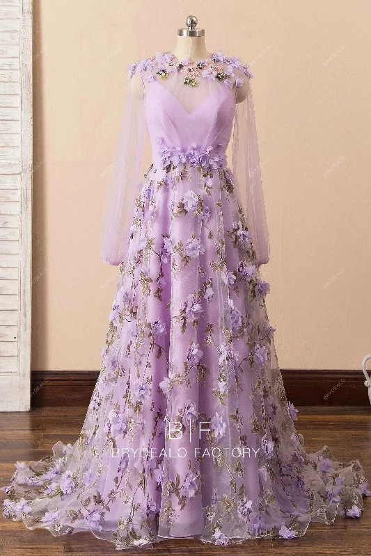 Exclusive Deal Lilac 3D Flower Organza Sleeved Aline Sweet 16 Prom Dress