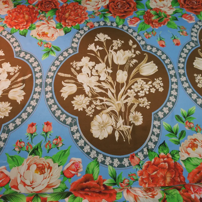Massive Deals Sky Blue with Orange and Brown Floral Printed Silk Charmeuse Fabric