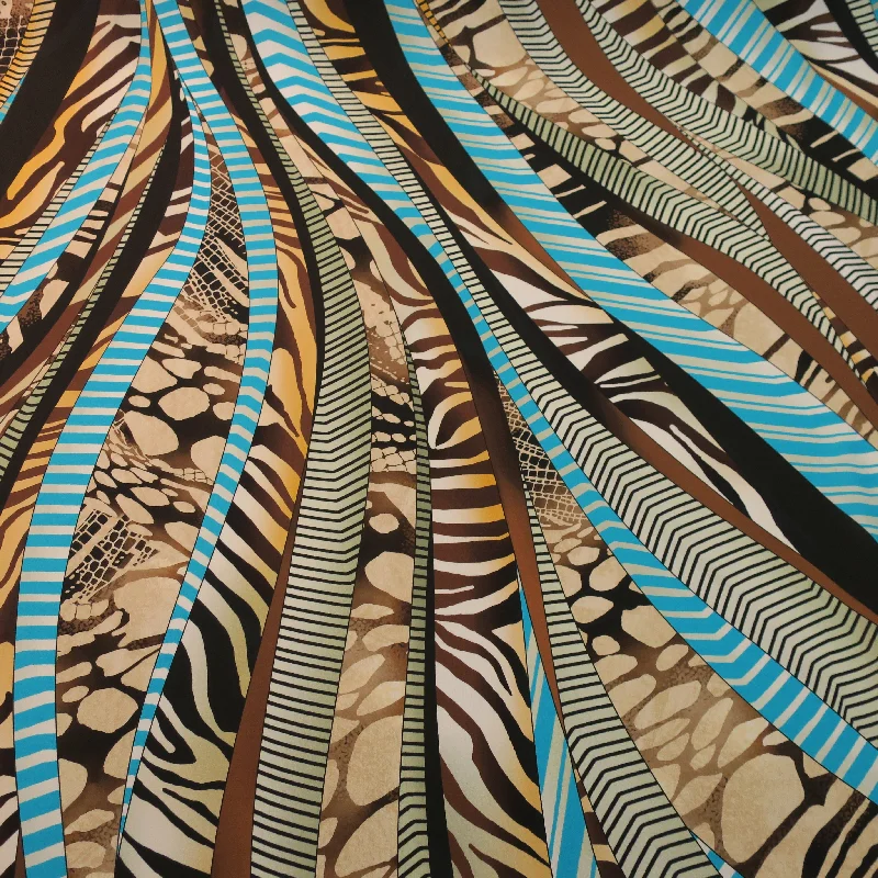 Amazing Deals Brown and Aqua Abstract Printed Silk Chiffon Fabric