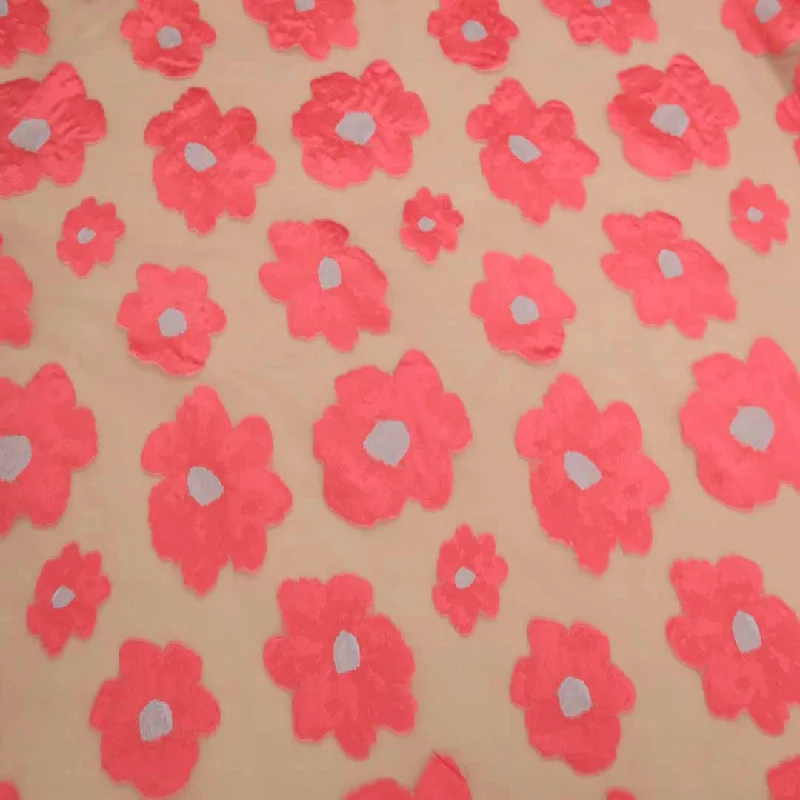 Blowout Deals Coral Pink Floral Textured And Beige Embroidered Organza Fabric