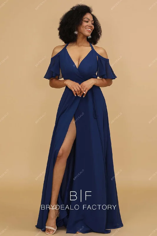 Savings Event Navy Flutter Cold Shoulder Chiffon Slit Wrap Bridesmaid Dress