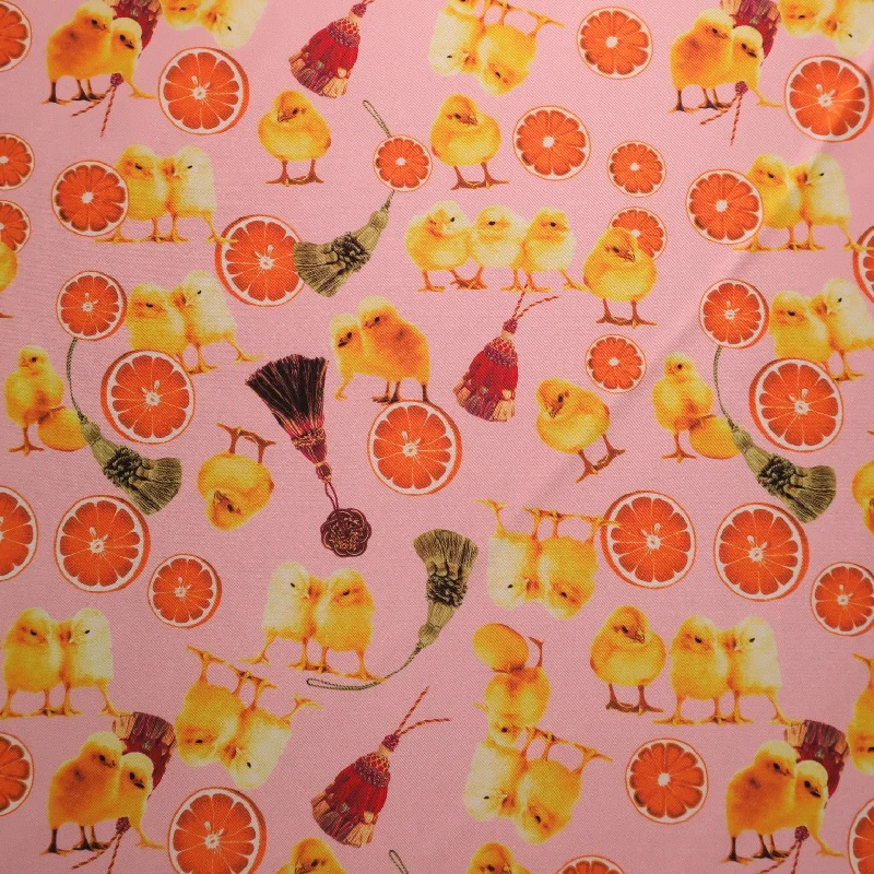 Exclusive Deal Chicks and Oranges on Pink Printed Polyester Mikado Fabric