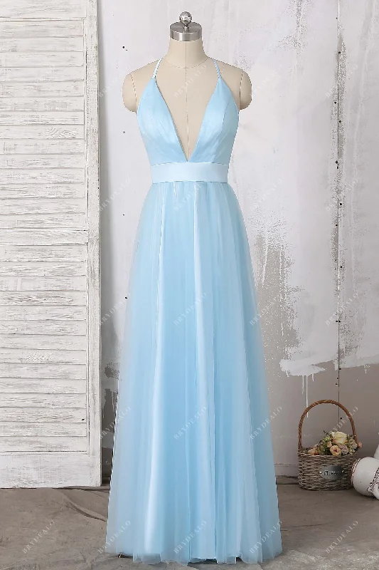 Can't Be Beat Sky Blue Tulle Overlay Plunging Straps Prom Dress