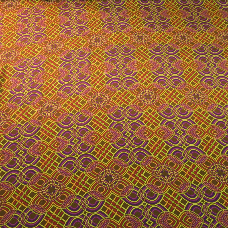 New Markdowns Yellow and Purple Geometric with a Brown Background Printed Silk Charmeuse Fabric New Markdowns Yellow and Purple Geometric with a Brown Background Printed Silk Charmeuse Fabric