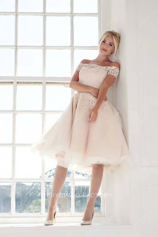 Today’s Deal Off Shoulder Lace Pearl Pink Cute Tea Length Informal Bridal Dress