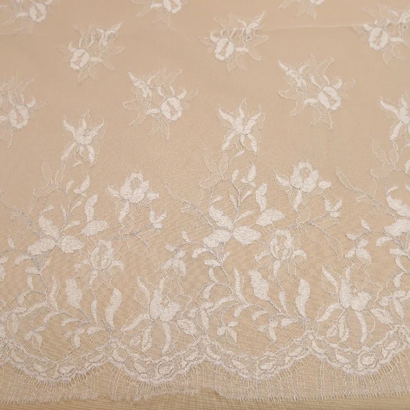 Online Specials White and Silver Embroidered Tulle Floral Single Scalloped Lace