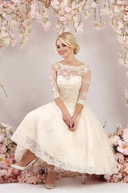 Massive Deals Champagne 3/4 Sleeve Lace Illusion Neck Vintage Tea Length Bridal Gown Massive Deals Champagne 3/4 Sleeve Lace Illusion Neck Vintage Tea Length Bridal Gown