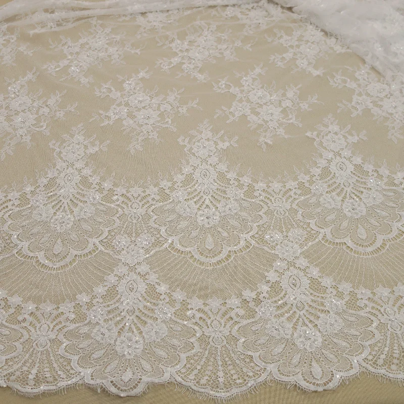 Midnight Sale White Floral Embroidered Fan Double-Scalloped Lace