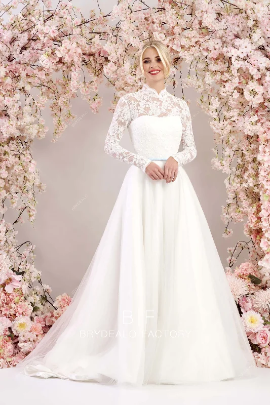 Price Drop Alert Modest Lace Long Sleeves Illusion Neck Ball Gown Tulle Wedding Dress