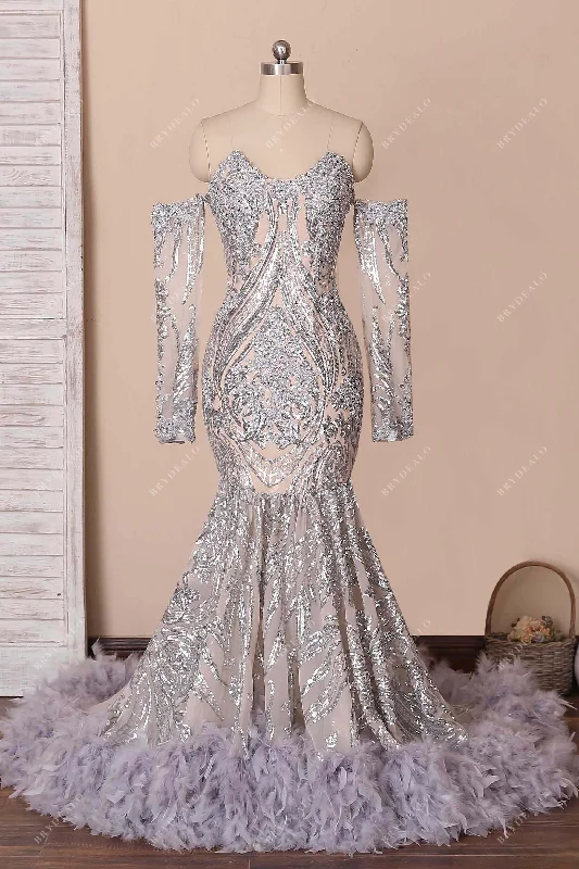 Online Only Silver Sequin Off Shoulder Feather Mermaid Dress