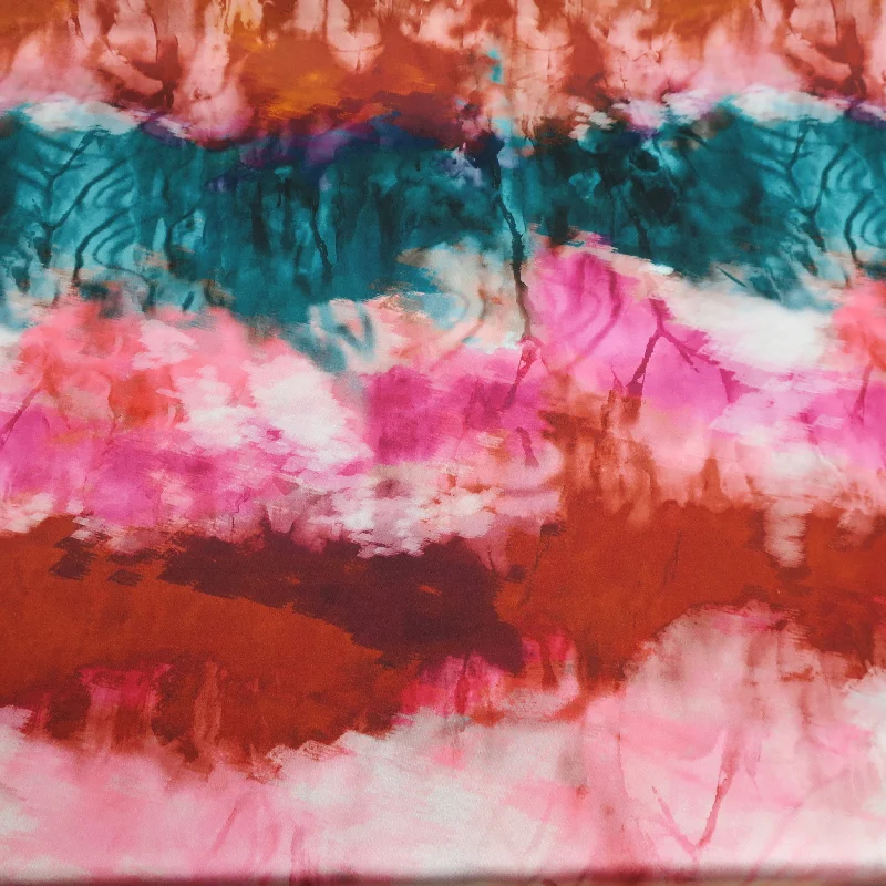 Deal of the Week Teal, Fuchsia, and Red Tie Dye Printed Silk Charmeuse