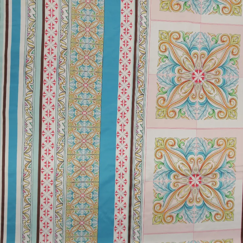 Clearance Event Multicolored Royal Aqua Abstract on White Printed Polyester Mikado Fabric Clearance Event Multicolored Royal Aqua Abstract on White Printed Polyester Mikado Fabric