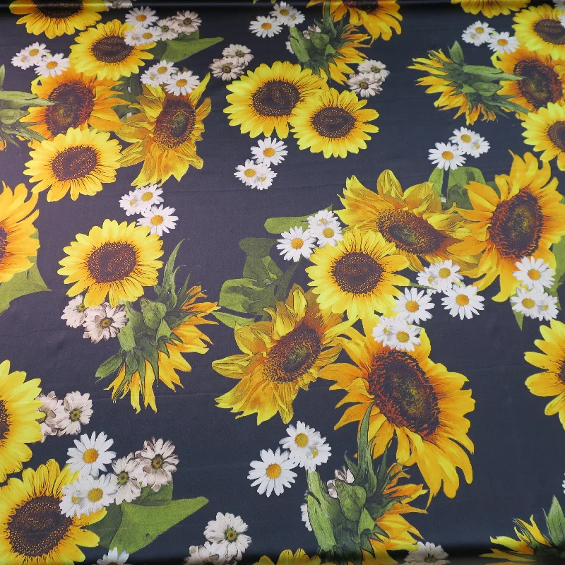 Savings Bonanza Sunflower and Daisy Printed on Black Ground Silk Charmeuse