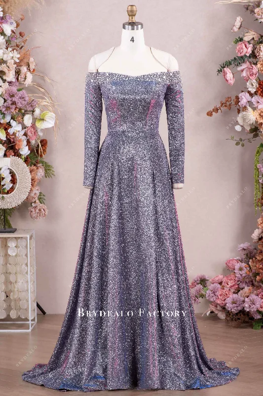 Exclusive Preview Galaxy Iridescent Glitter Off Shoulder Sleeve Prom Dress