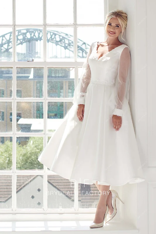 Fantastic Deals Vintage Satin V-Neck Bishop Sleeves Tea Length Bridal Dress with Pockets Fantastic Deals Vintage Satin V-Neck Bishop Sleeves Tea Length Bridal Dress with Pockets