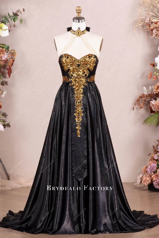 Take Advantage Dramatic Gold Black Shimmery Gold Applique Choker Prom Dress