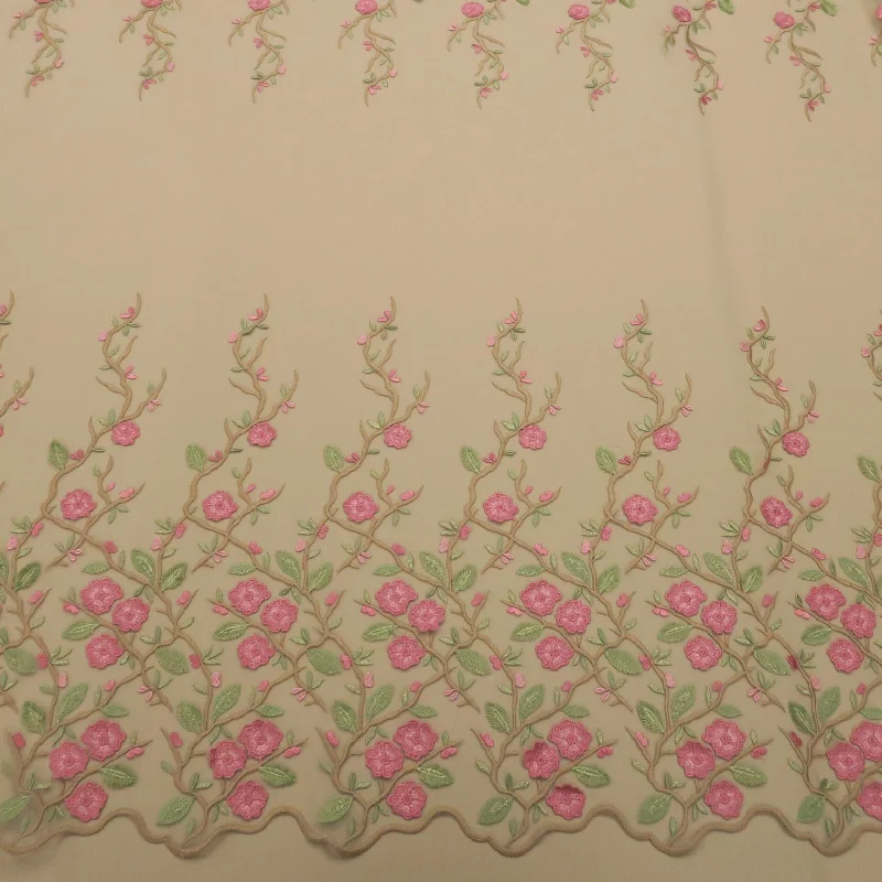 Amazing Deals Pink and Green Double Scalloped Floral Embroidered Tulle Fabric