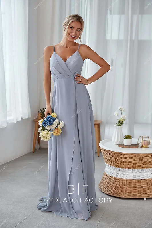 Overstock Sale Dusty Blue Wrap V-neck Spaghetti Straps Chiffon Bridesmaid Dress