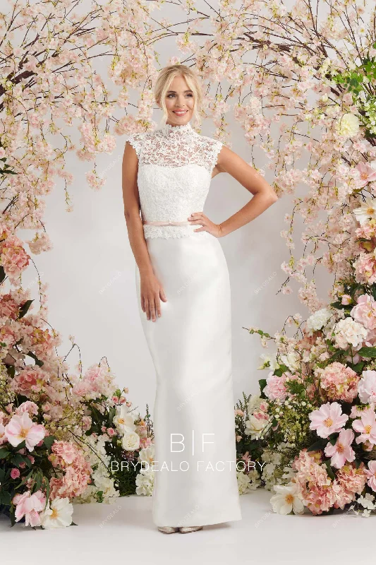 Anniversary Sale High Neck Lace Sheath Satin Modest Floor Length Wedding Dress