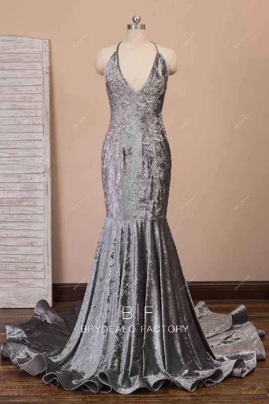 Reduced Prices Crystal Velvet Flower Plunging Halter Mermaid Prom Evening Dress