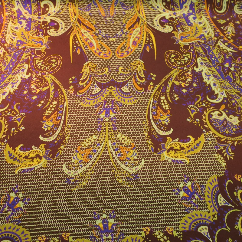 Flash Deals Purple and Gold Paisleys with a Brown Background Printed Silk Charmeuse Fabric Flash Deals Purple and Gold Paisleys with a Brown Background Printed Silk Charmeuse Fabric