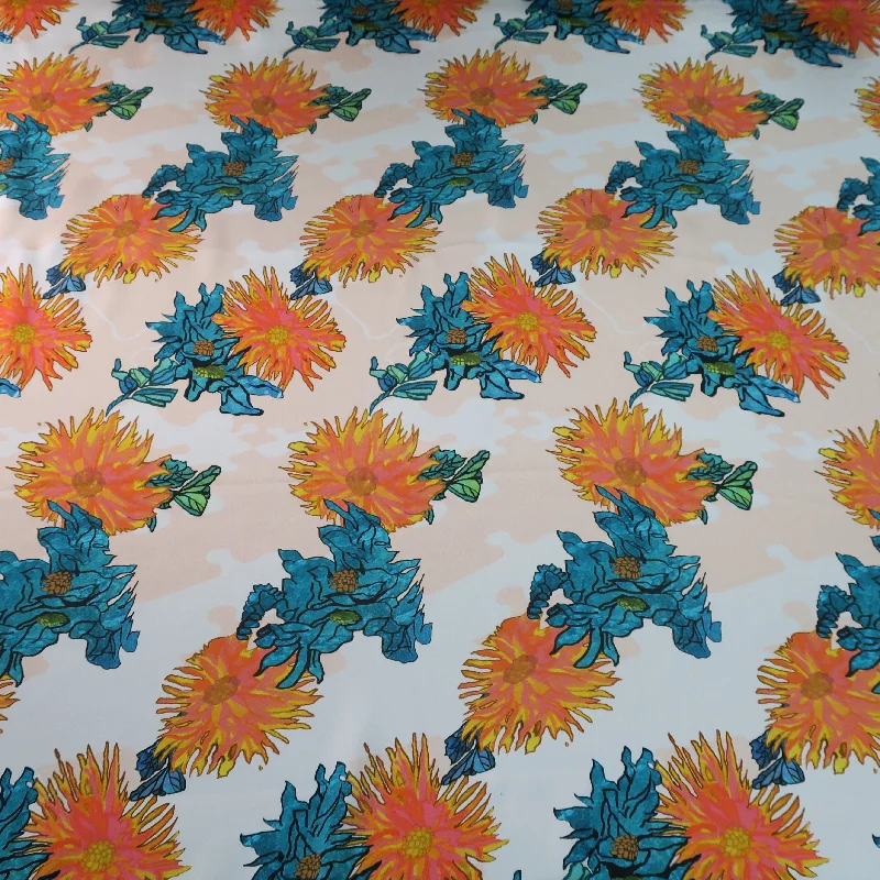 Savings Galore Orange Coral Flowers on Orange Cream Silk  Charmeuse