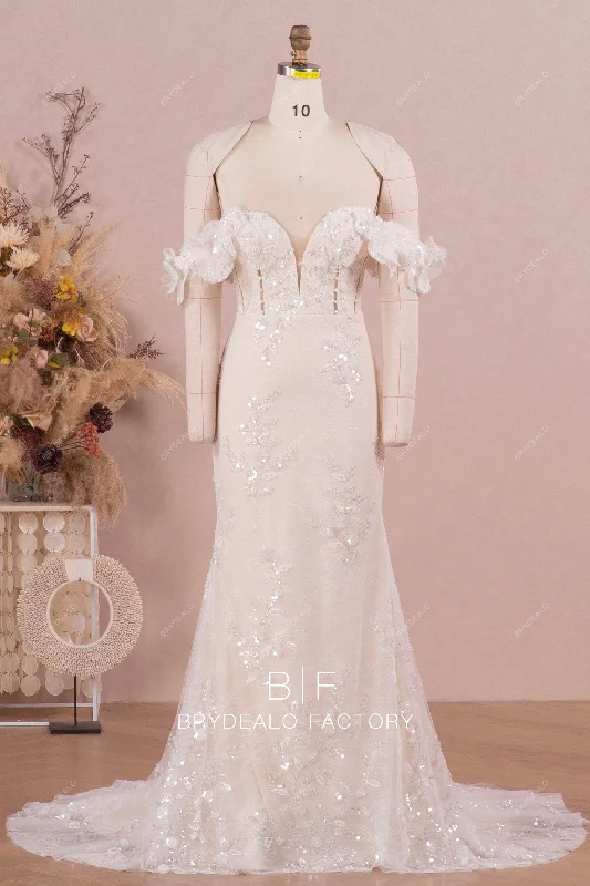 Amazing Deals Champagne Mermaid Wedding Dress with Detachable Sleeves