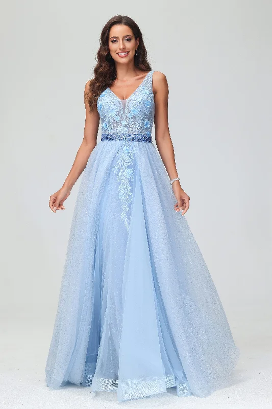 Overstock Sleeveless Deep V-neck A-Line Sweep Train Tulle Gown