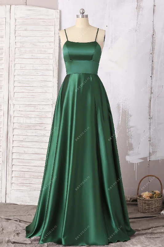 Deal Explosion Emerald Green Strappy Back Slit Satin Prom Dress