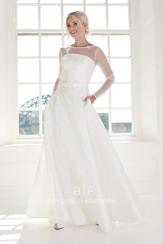Limited Edition Classic Satin Tulle Sheer Sleeves Pockets Floor Length Wedding Gown Limited Edition Classic Satin Tulle Sheer Sleeves Pockets Floor Length Wedding Gown
