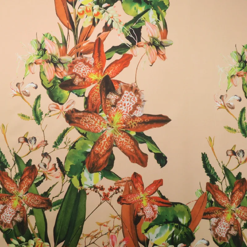 Overstock Green Floral on Peach Background Printed Polyester Mikado Fabric