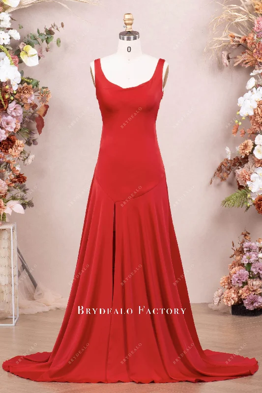 Best Deals Red Cowl Neck Criss-Cross Back Fit Flare Prom Evening Dress
