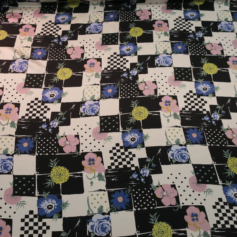 Price Cut Black and White with Blue and Yellow Accents Floral Printed Silk Charmeuse Fabric Price Cut Black and White with Blue and Yellow Accents Floral Printed Silk Charmeuse Fabric