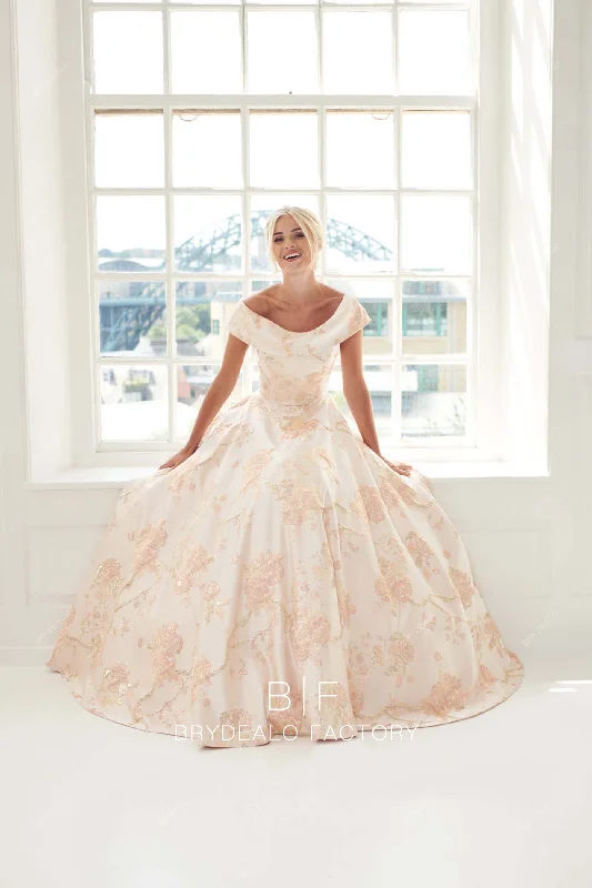 New Deals Designer Brocade Off-Shoulder Pearl Pink Vintage Wedding Gown
