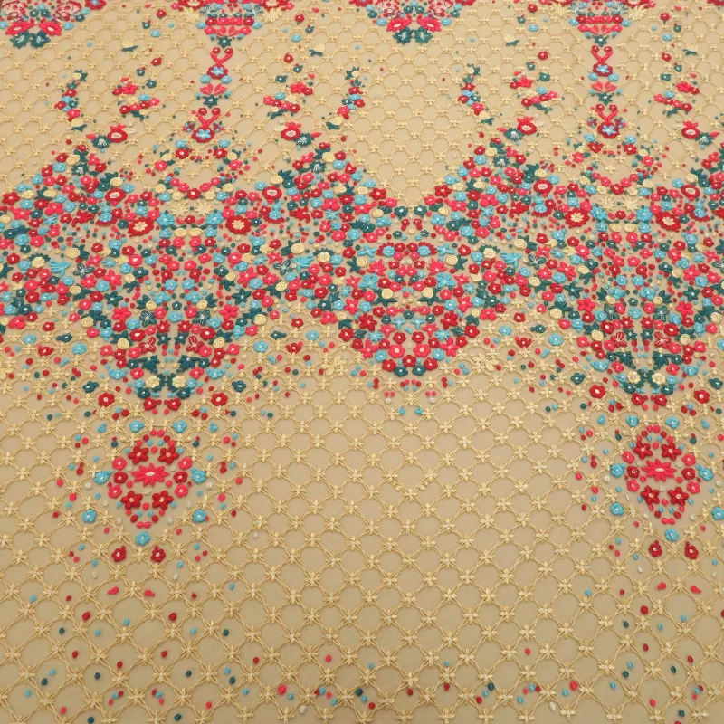 Early Access Nude Tulle with Gold Red and Aqua Floral Embroidered Fabric