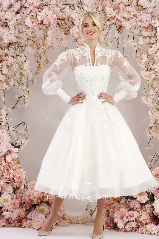 Price Fest Vintage Bishop Sleeves Lace Organza Tea Length Informal Wedding Gown